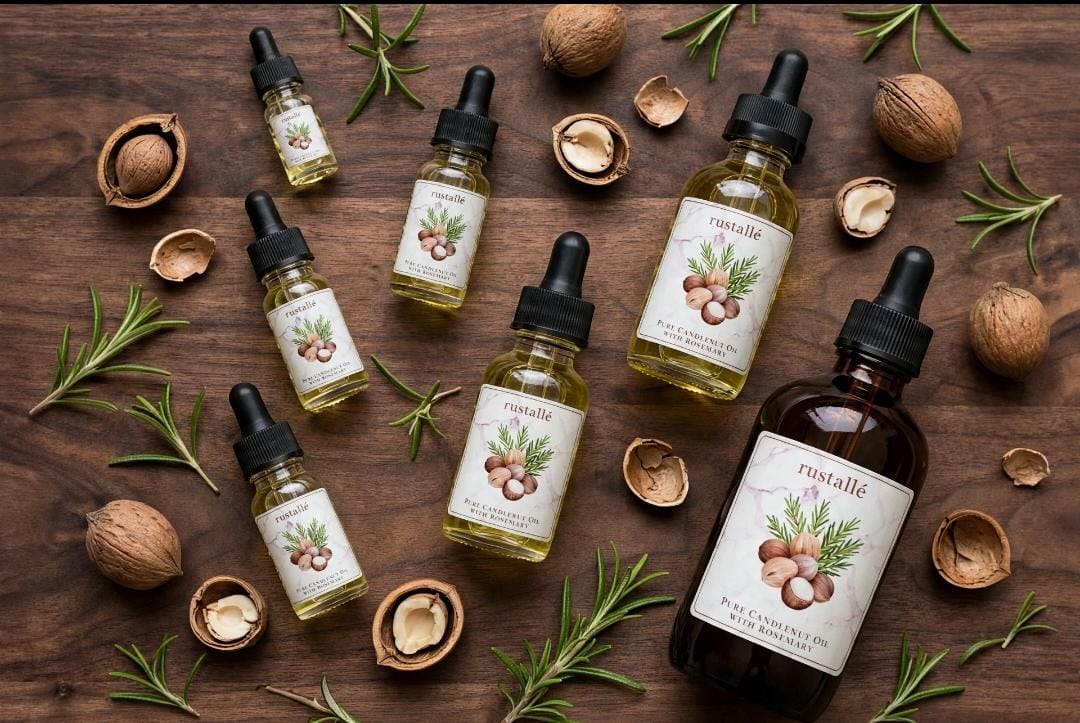 Rustalle natural oil collection on wood with rosemary and nuts